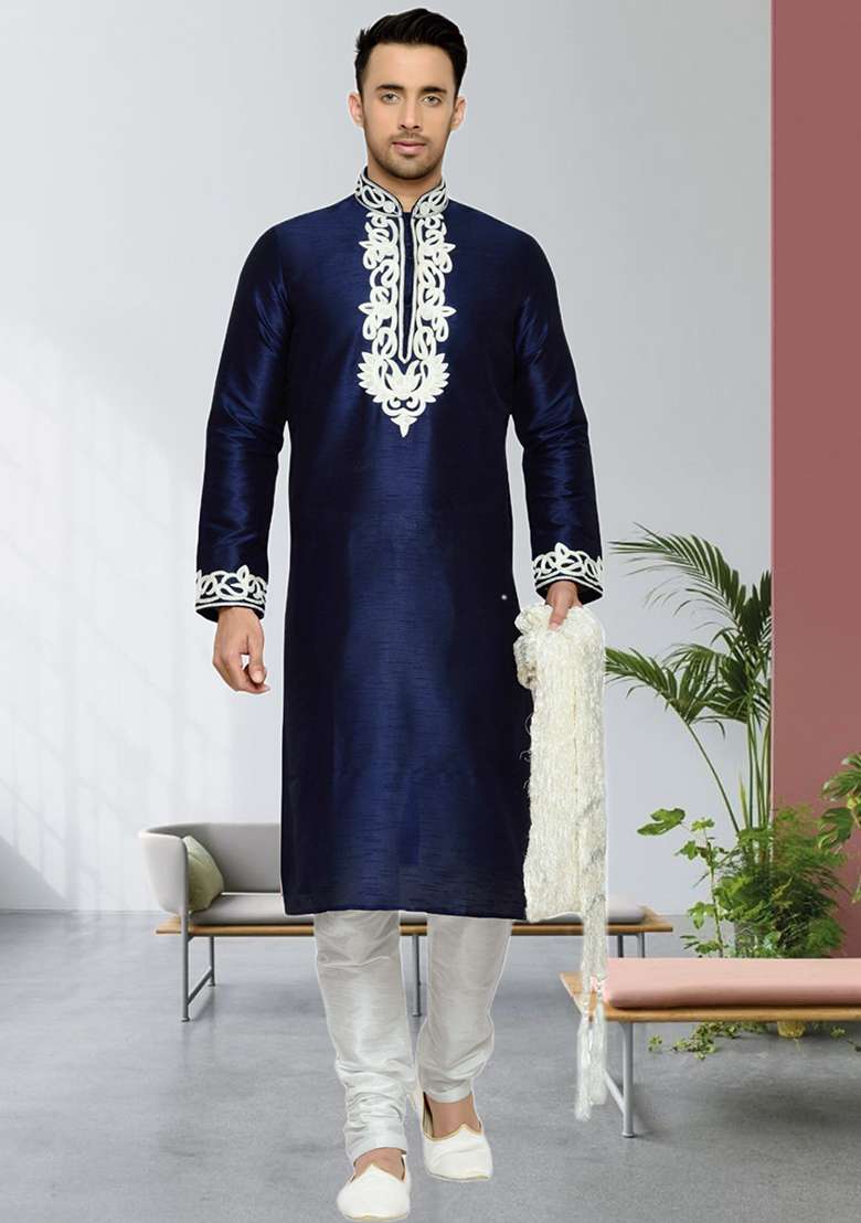 Navy Blue Embroidered Silk Blend Kurta Set For Men - Indya