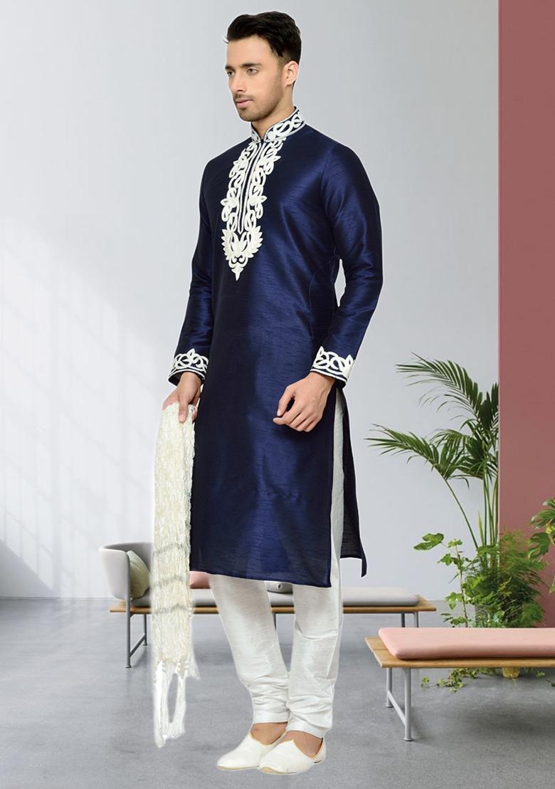 Navy Blue Embroidered Silk Kurta Set For Men
