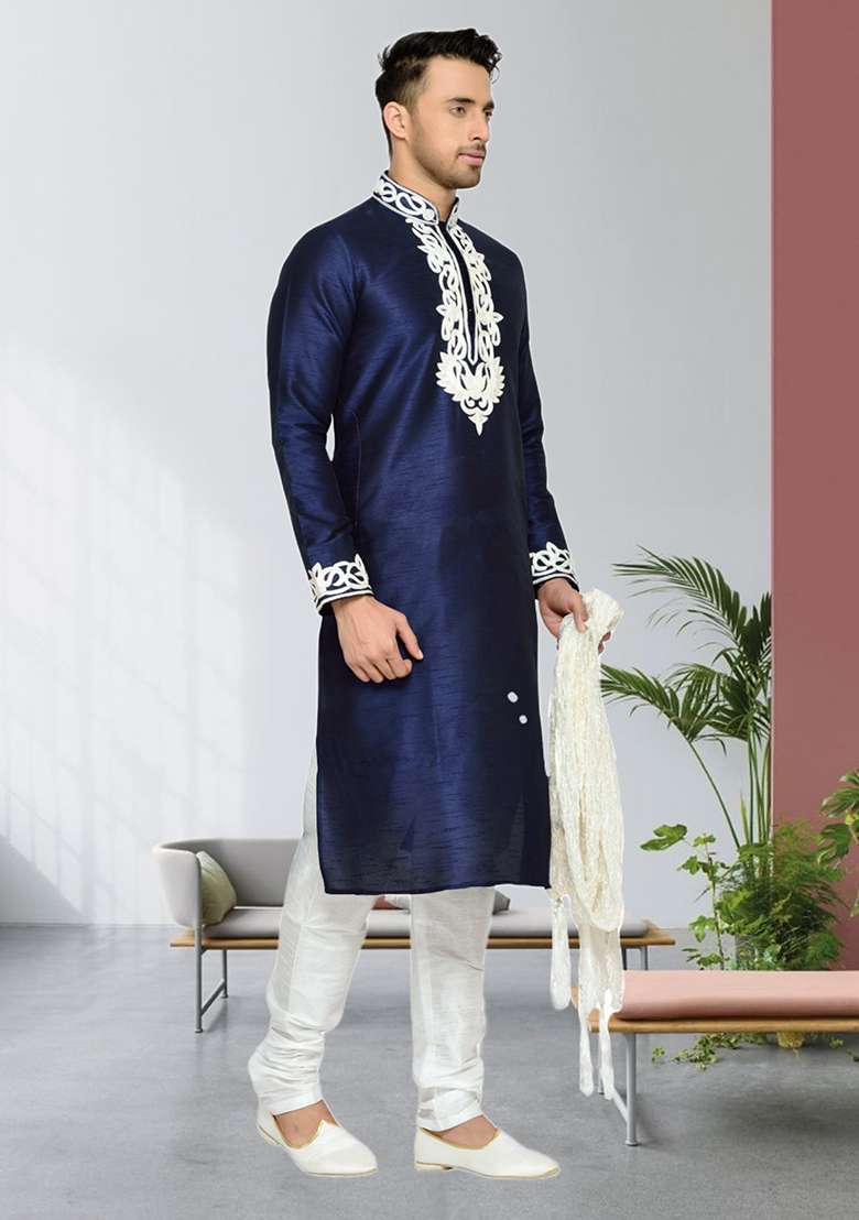 Navy Blue Embroidered Silk Blend Kurta Set For Men - Indya