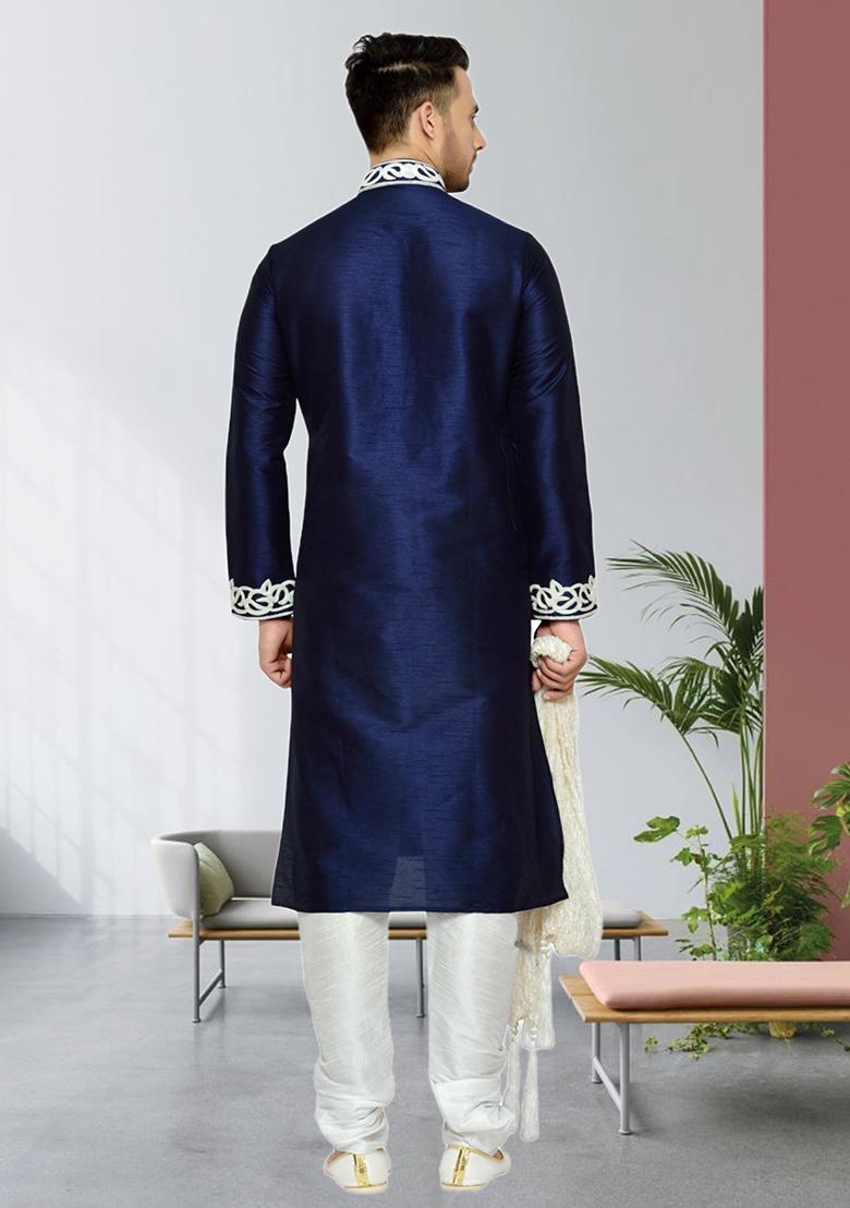 Navy Blue Embroidered Silk Kurta Set For Men