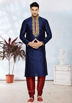 Navy Blue Embroidered Silk Kurta Set For Men