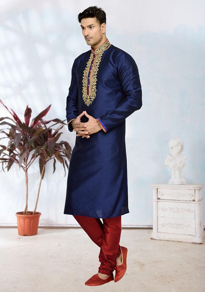 Navy Blue Embroidered Silk Kurta Set For Men