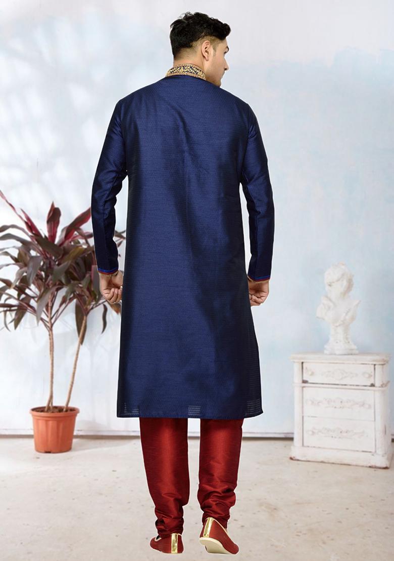 Navy Blue Embroidered Silk Kurta Set For Men