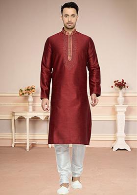 Maroon Embroidered Silk Kurta Set For Men