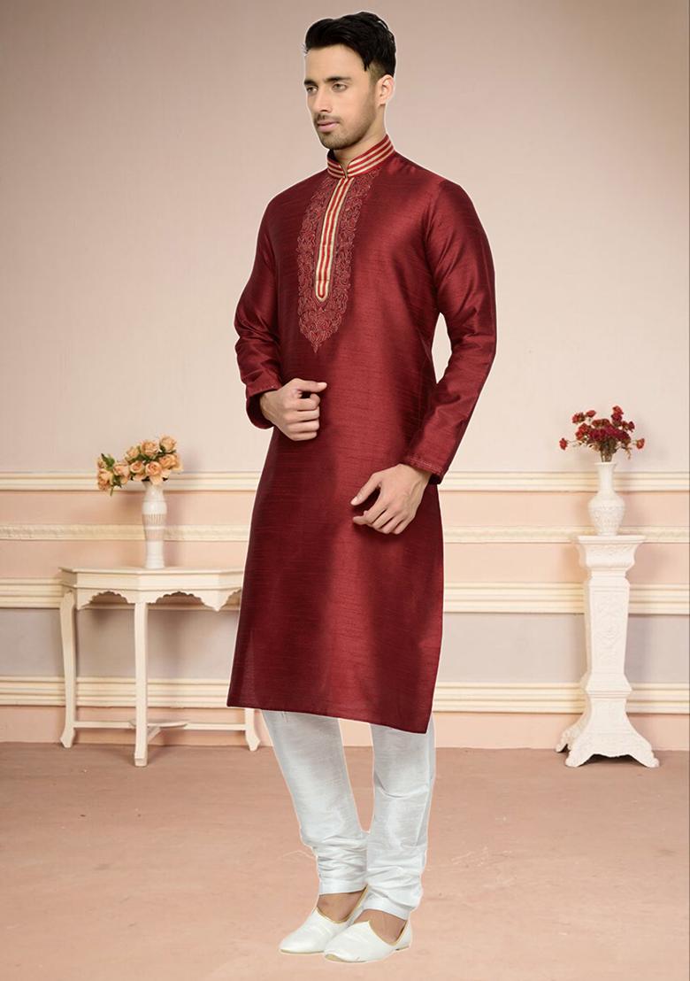 Maroon Embroidered Silk Kurta Set For Men