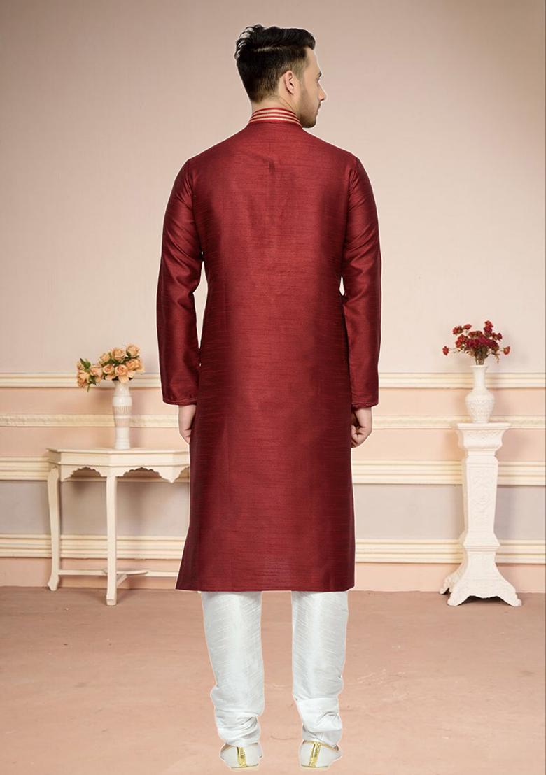 Maroon Embroidered Silk Kurta Set For Men