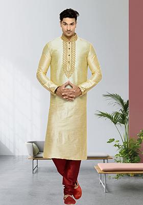 Fawn Yellow Embroidered Silk Kurta Set For Men