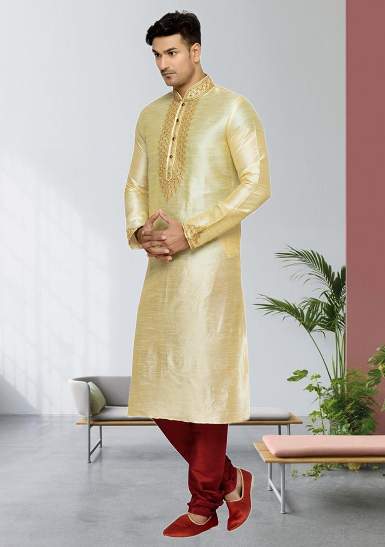 Fawn Yellow Embroidered Silk Kurta Set For Men