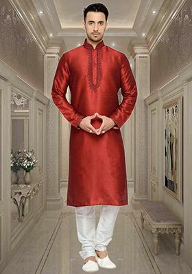 Maroon Embroidered Silk Kurta Set For Men