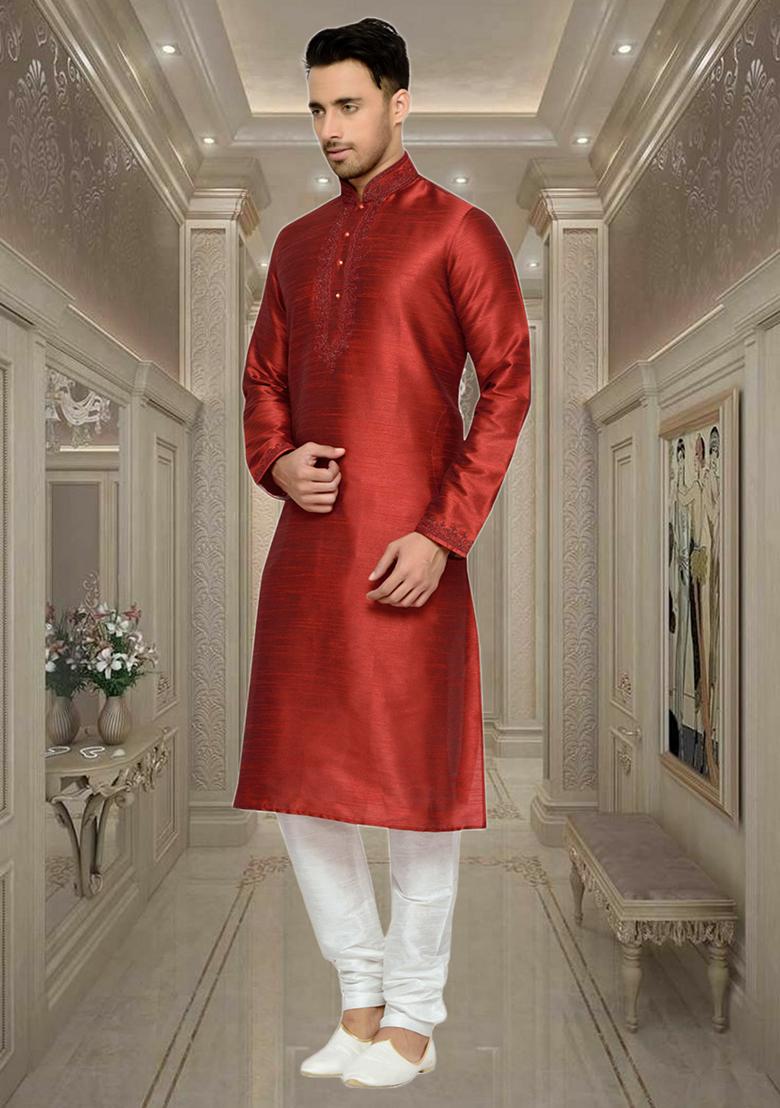 Maroon Embroidered Silk Kurta Set For Men