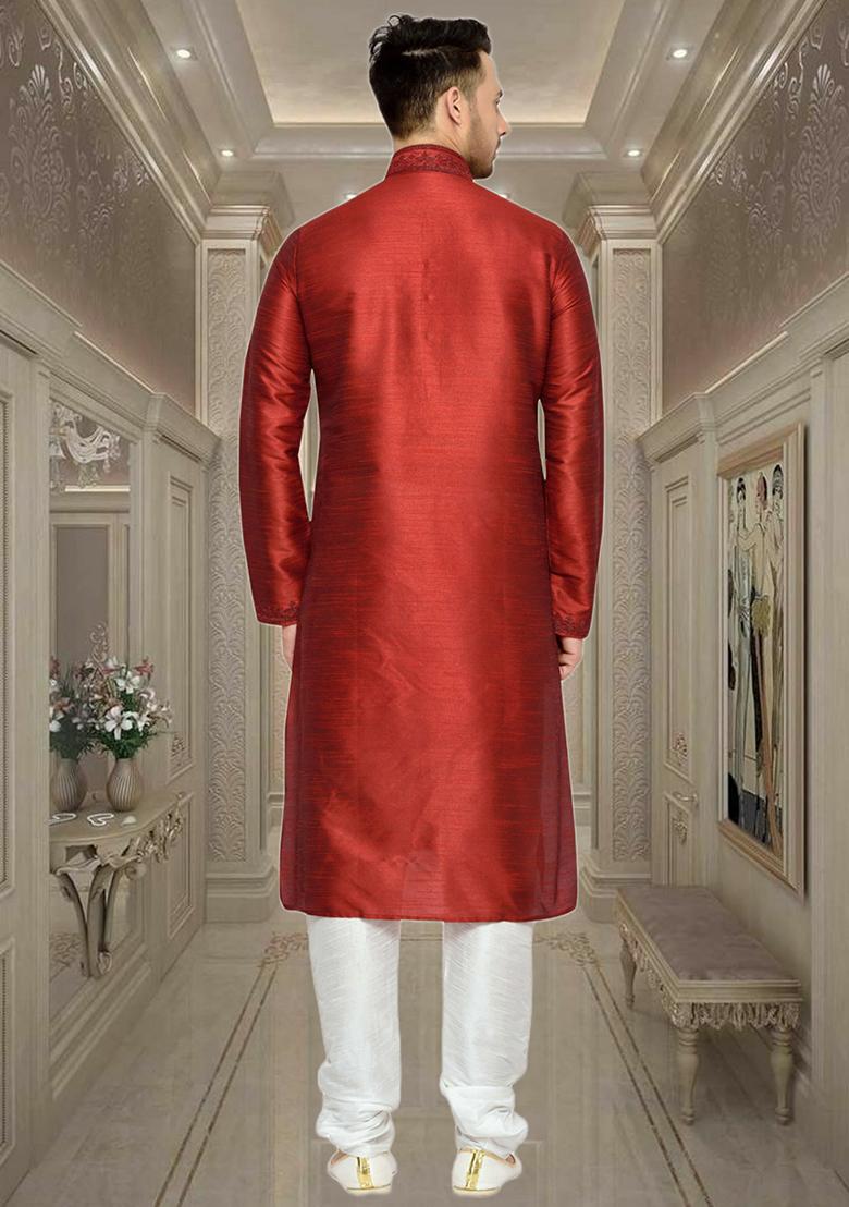 Maroon Embroidered Silk Kurta Set For Men