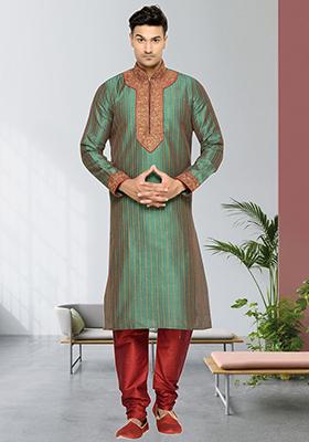 Green Embroidered Silk Kurta Set For Men