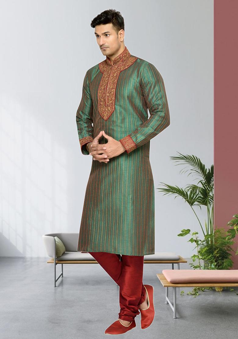 Green Embroidered Silk Kurta Set For Men