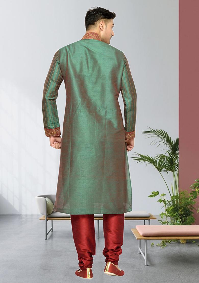 Green Embroidered Silk Kurta Set For Men