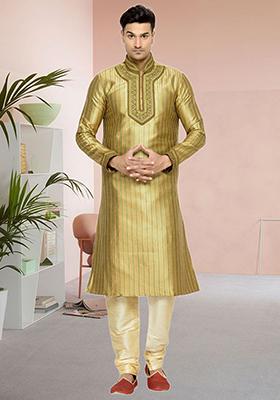 Gold Embroidered Silk Kurta Set For Men