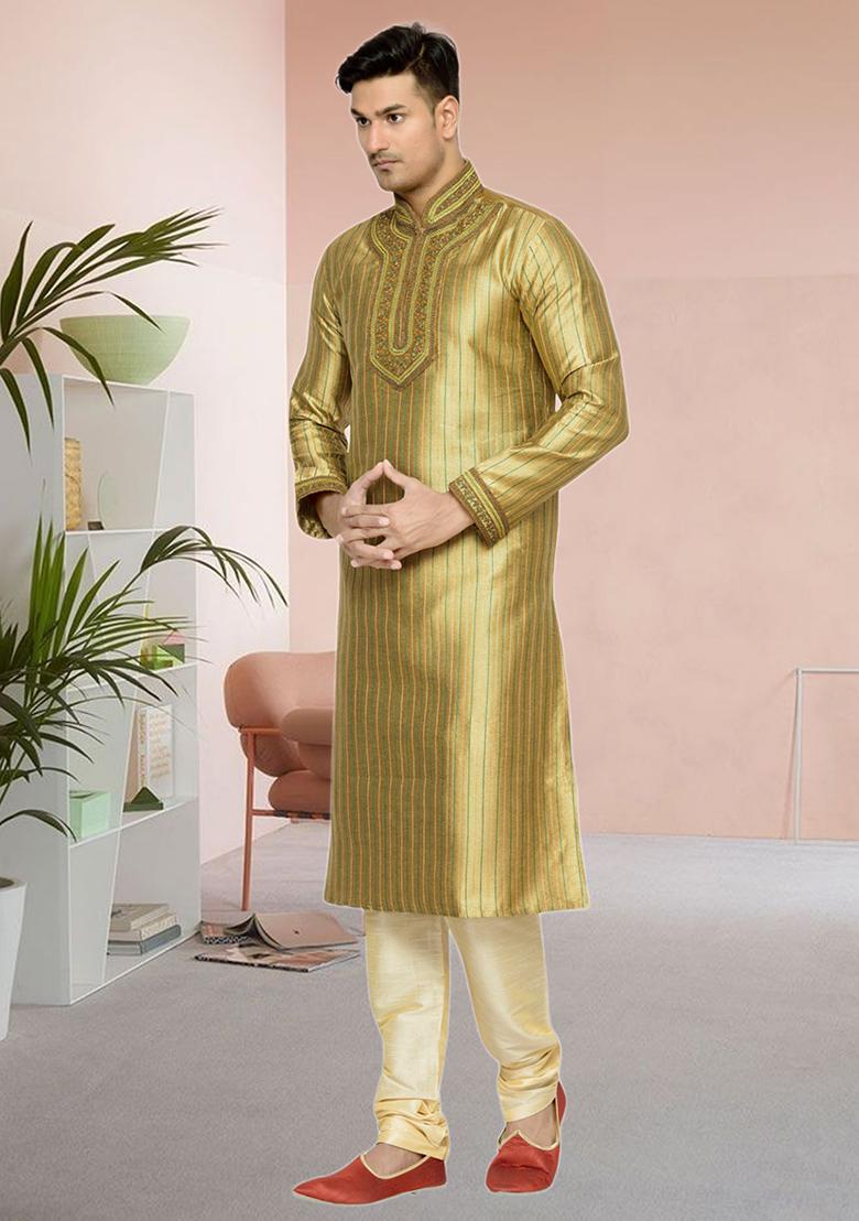 Gold Embroidered Silk Kurta Set For Men