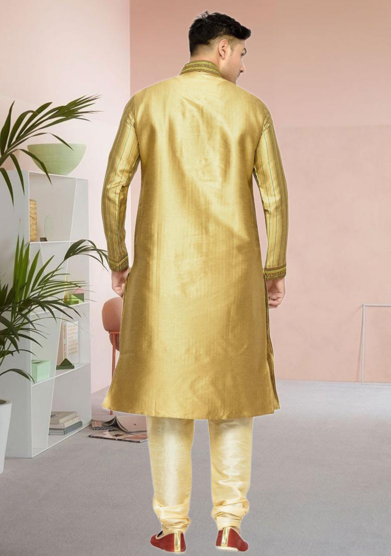 Gold Embroidered Silk Kurta Set For Men