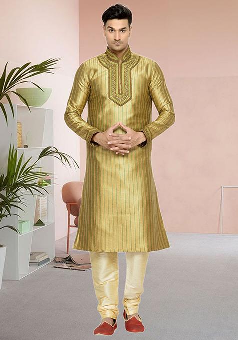 Gold Embroidered Silk Kurta Set For Men