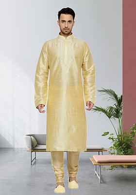 Fawn Yellow Embroidered Silk Kurta Set For Men