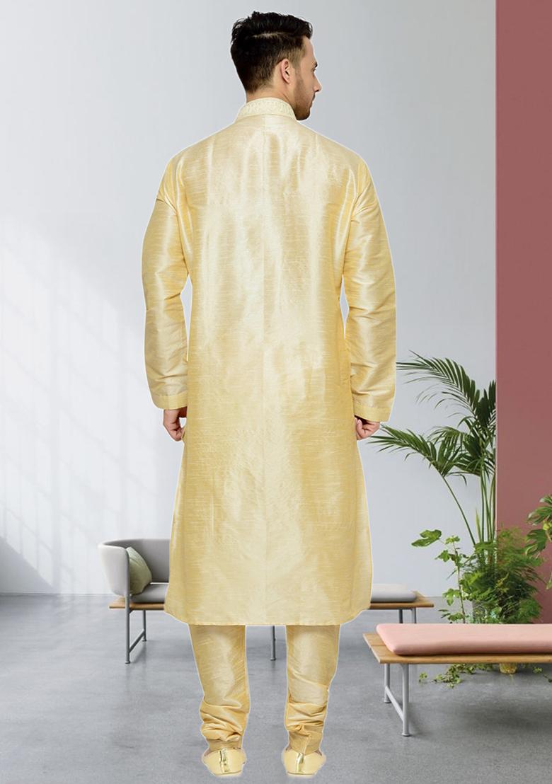 Fawn Yellow Embroidered Silk Kurta Set For Men