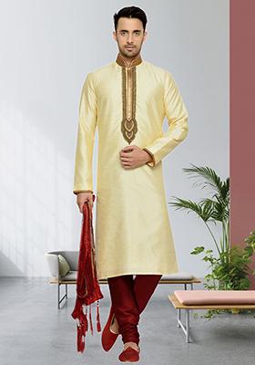 Fawn Yellow Embroidered Silk Kurta Set For Men