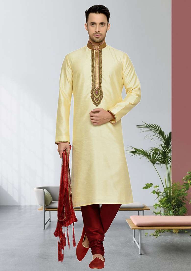 Fawn Yellow Embroidered Silk Blend Kurta Set For Men - Indya