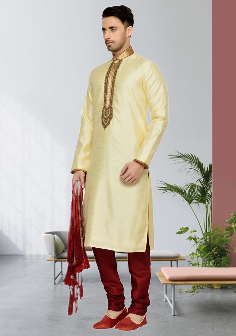 Fawn Yellow Embroidered Silk Kurta Set For Men