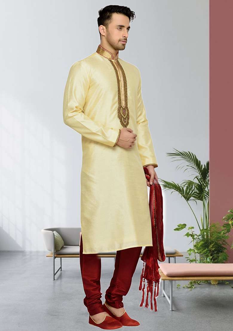 Fawn Yellow Embroidered Silk Blend Kurta Set For Men - Indya