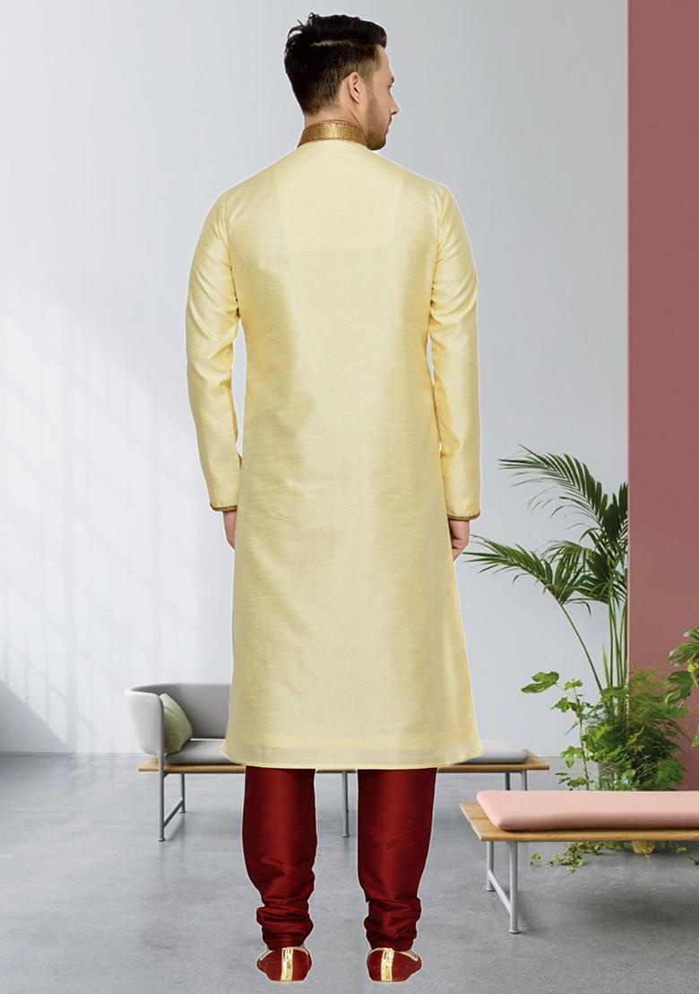 Fawn Yellow Embroidered Silk Kurta Set For Men