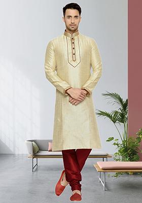 Fawn Yellow Embroidered Silk Kurta Set For Men