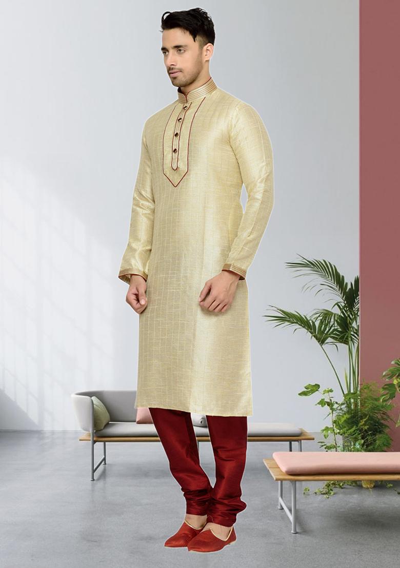 Fawn Yellow Embroidered Silk Kurta Set For Men