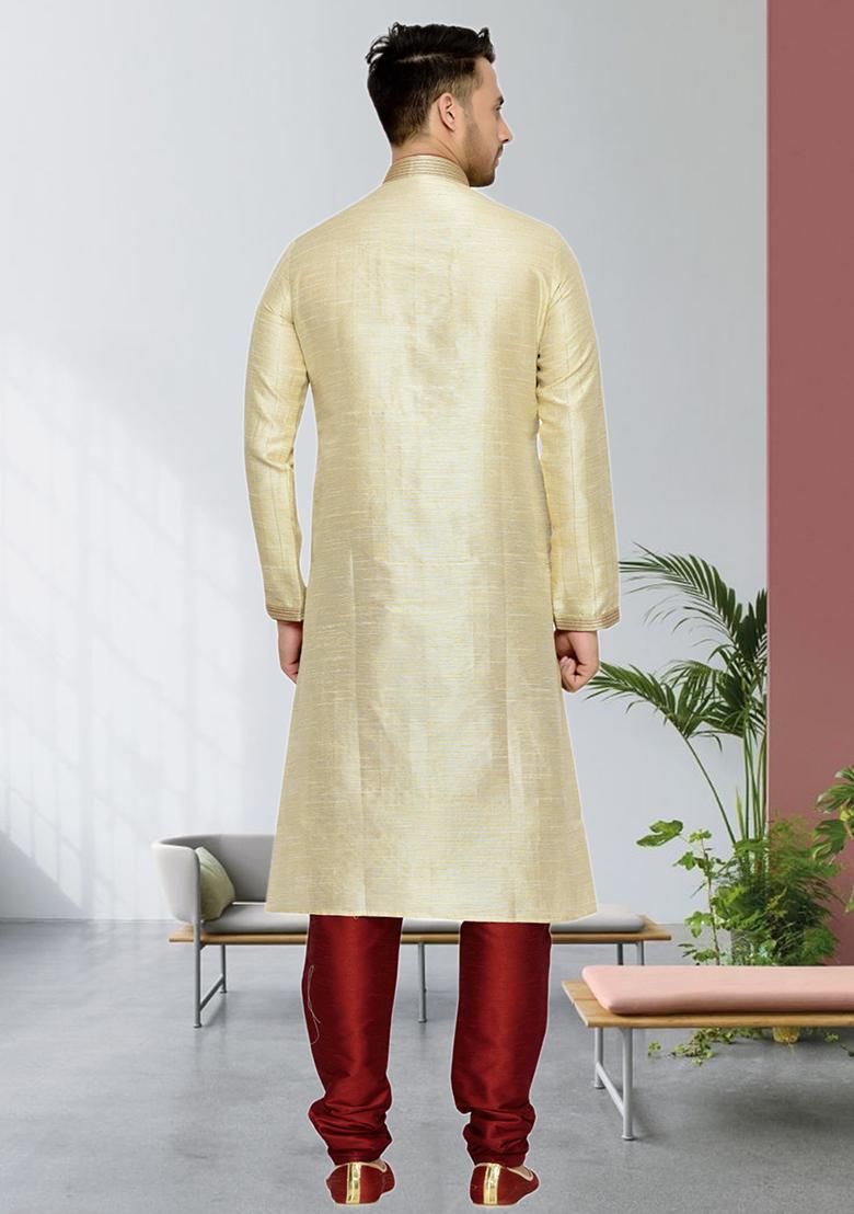 Fawn Yellow Embroidered Silk Kurta Set For Men