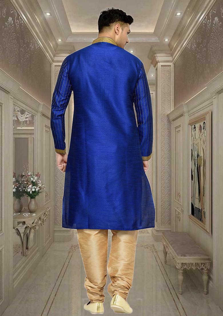 Blue Embroidered Silk Kurta Set For Men