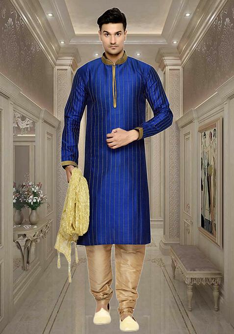 Blue Embroidered Silk Kurta Set For Men