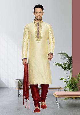 Fawn Yellow Embroidered Silk Kurta Set For Men