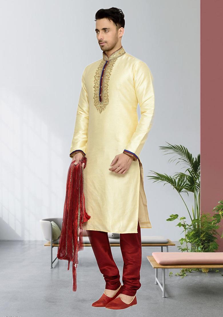 Fawn Yellow Embroidered Silk Kurta Set For Men