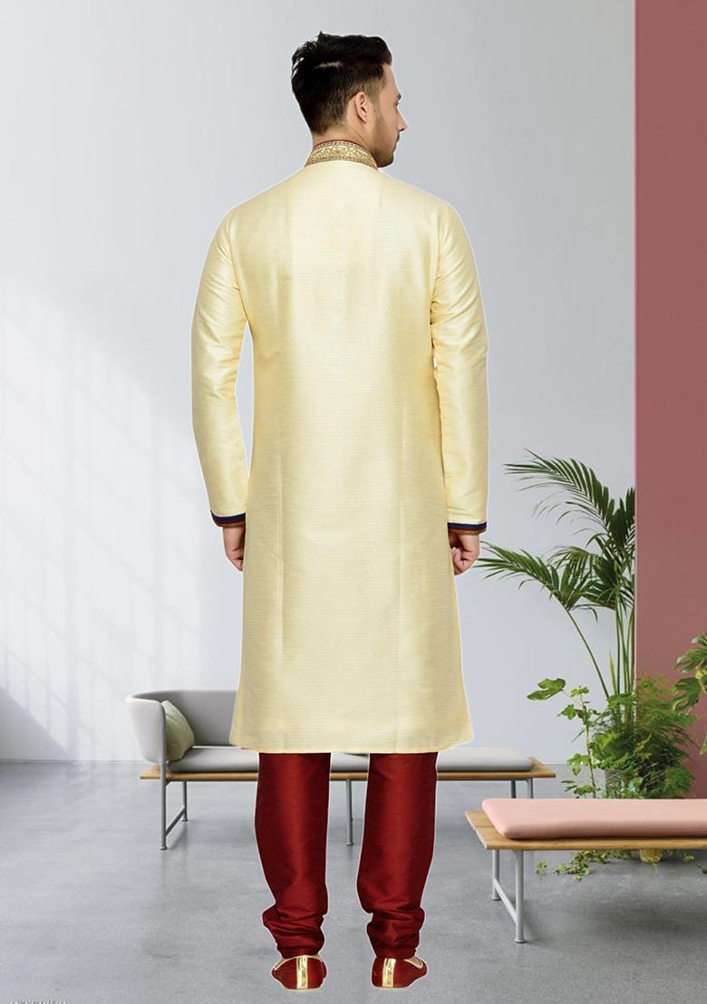 Fawn Yellow Embroidered Silk Kurta Set For Men