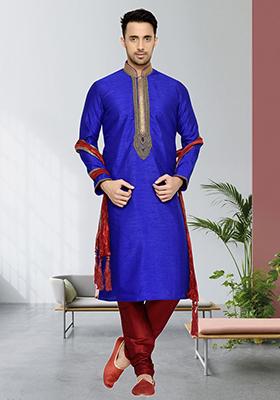 Purple Embroidered Silk Kurta Set For Men