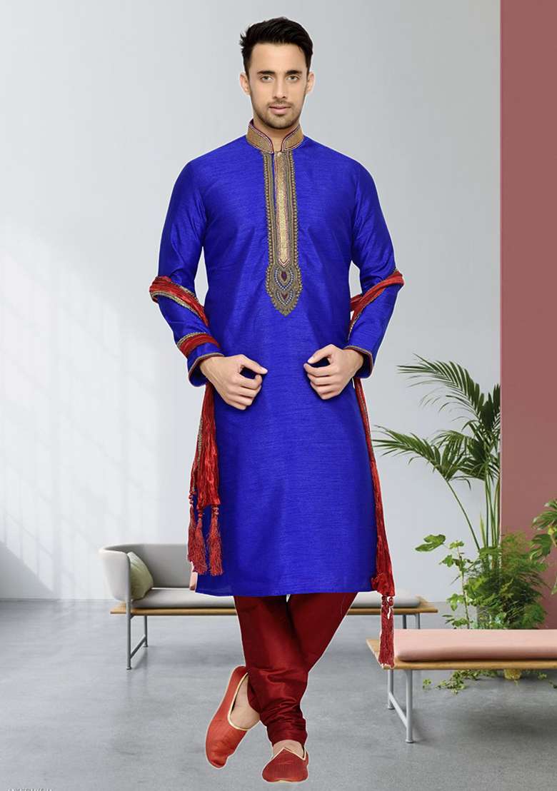 Purple Embroidered Silk Blend Kurta Set For Men - Indya