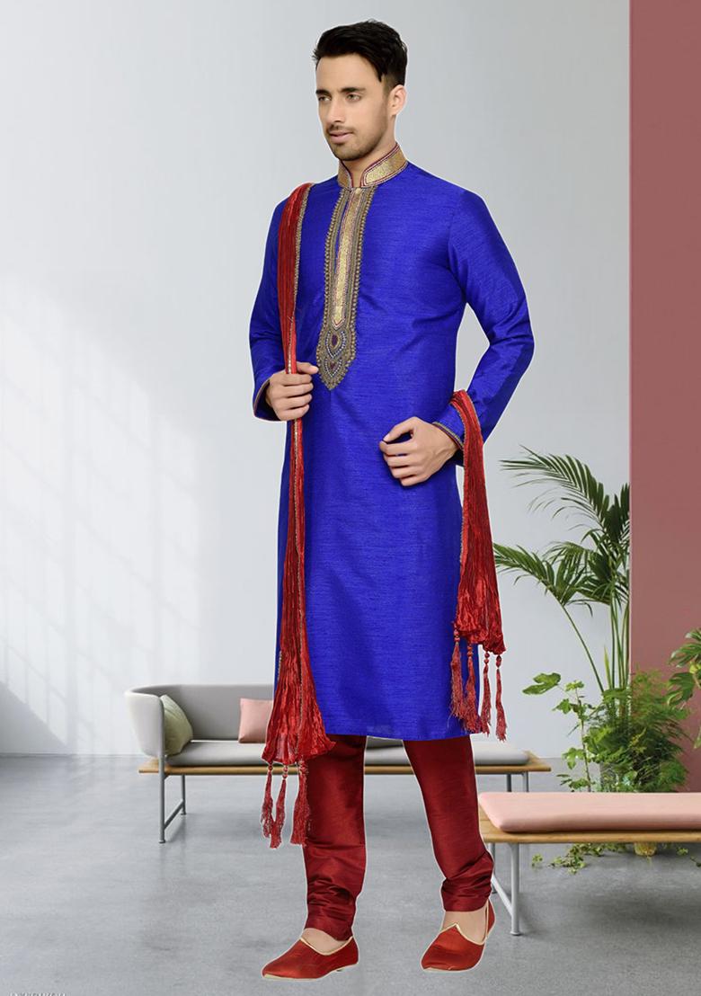 Purple Embroidered Silk Kurta Set For Men