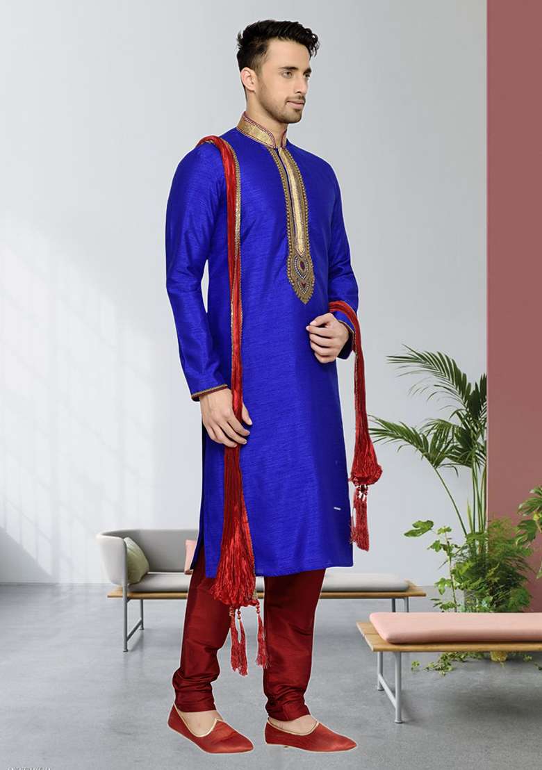 Purple Embroidered Silk Blend Kurta Set For Men - Indya