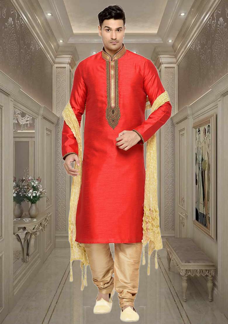 Red Embroidered Silk Blend Kurta Set For Men - Indya