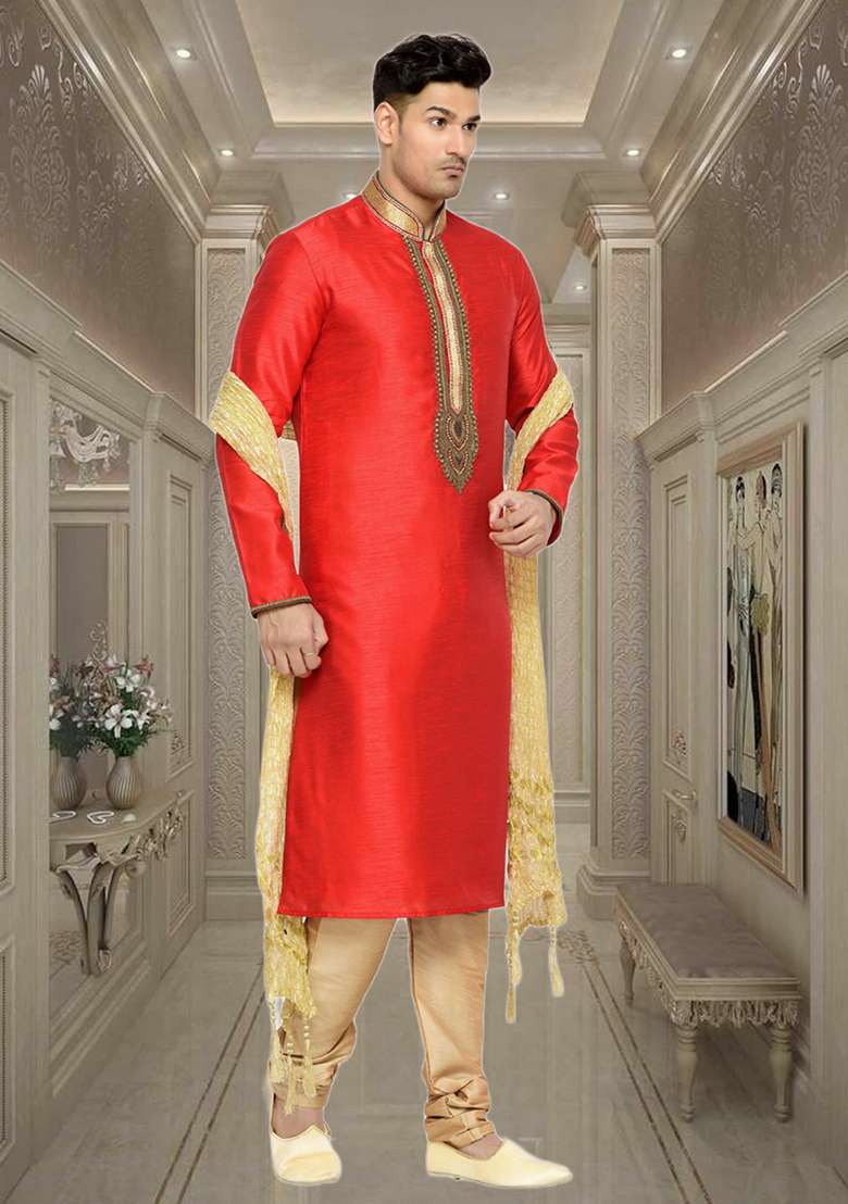 Red Embroidered Silk Blend Kurta Set For Men - Indya