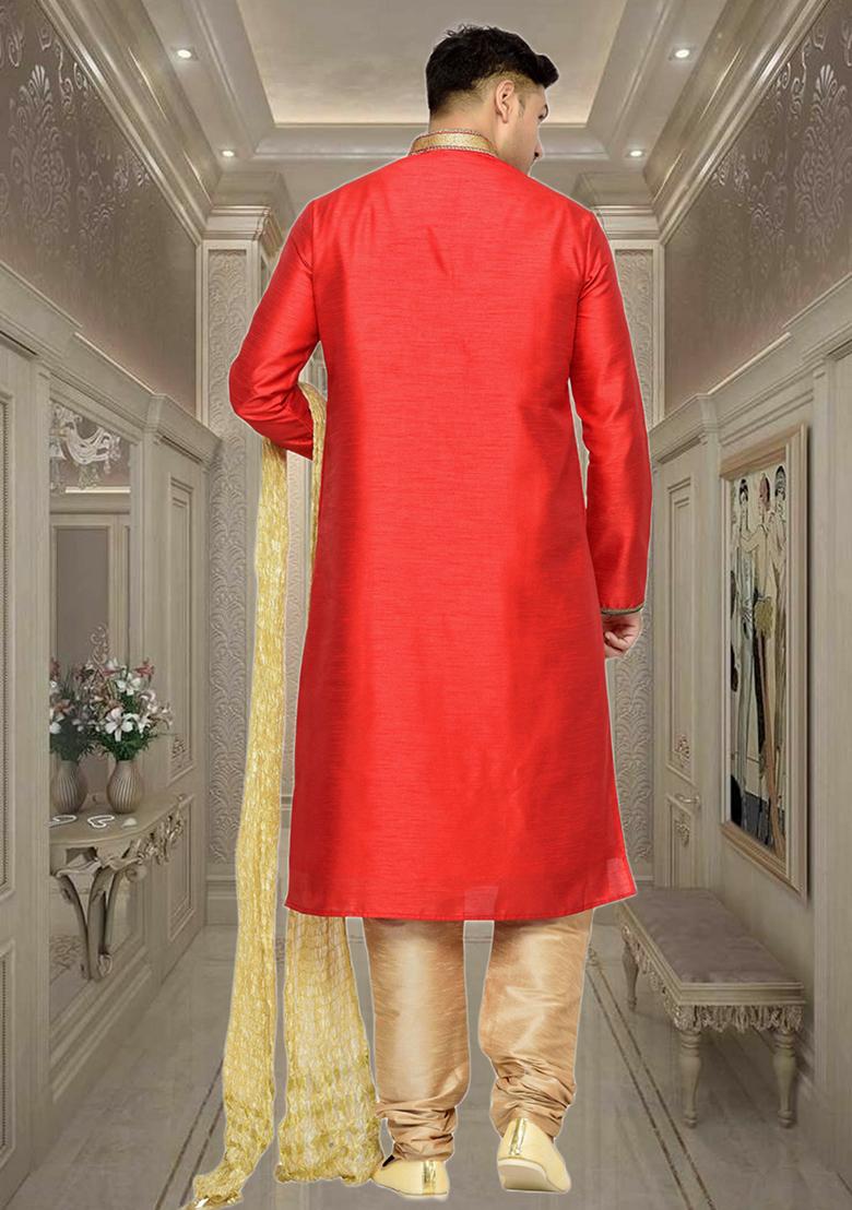 Red Embroidered Silk Kurta Set For Men