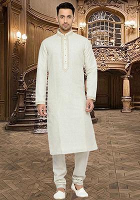 Off White Embroidered Silk Kurta Set For Men