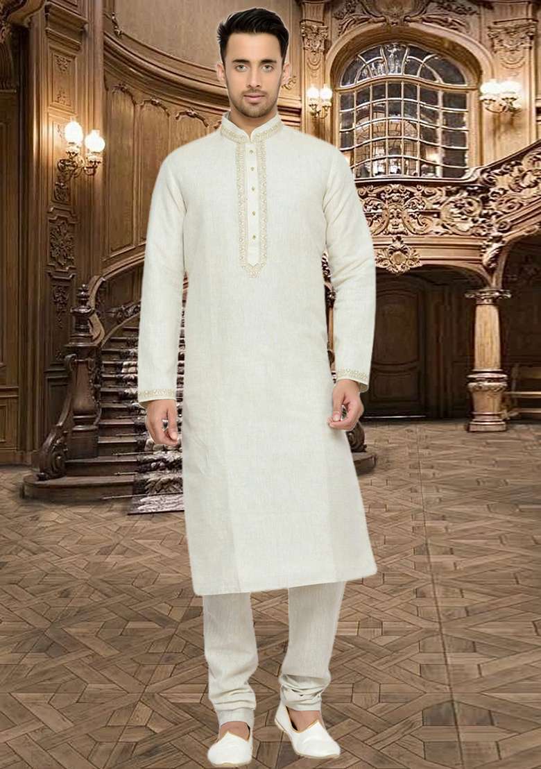 Off White Embroidered Silk Blend Kurta Set For Men - Indya