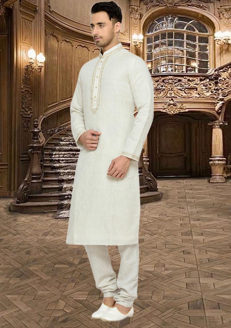 Off White Embroidered Silk Kurta Set For Men