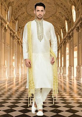 Cream Embroidered Silk Kurta Set For Men