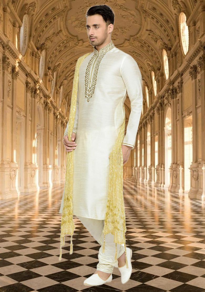 Cream Embroidered Silk Kurta Set For Men