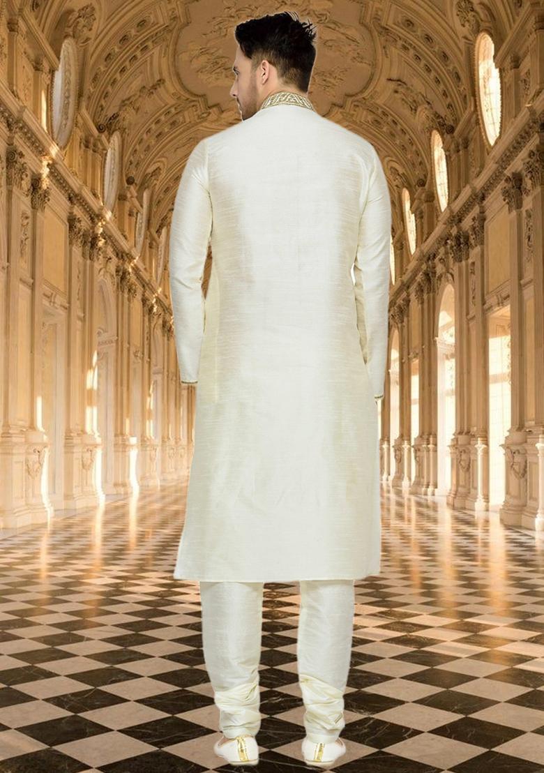 Cream Embroidered Silk Kurta Set For Men